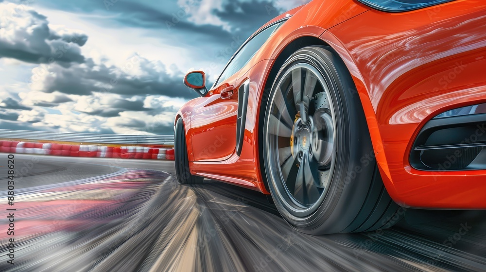 Side view of orange sport car while drive fast on road with background motion blur Side view of orange sport car while drive fast on road with background motion blur