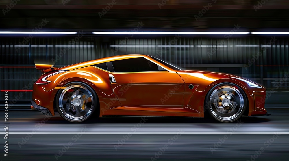 Obraz premium Side view of orange sport car while drive fast on road with background motion blur