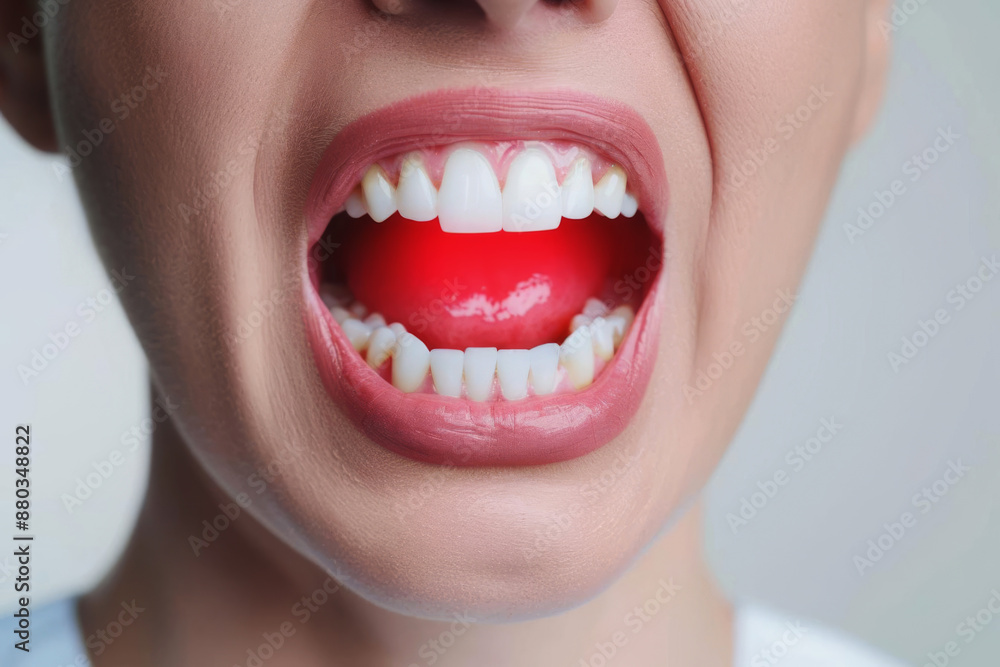 A mouth with a highlighted red tooth, representing severe toothache, Tooth pain, dental illustration A mouth with a highlighted red tooth, representing severe toothache, Tooth pain, dental illustration