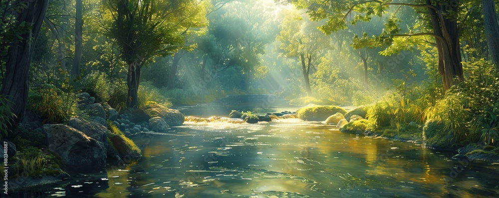 A tranquil river winding through a sun-dappled forest, its waters teeming with fish. A tranquil river winding through a sun-dappled forest, its waters teeming with fish.