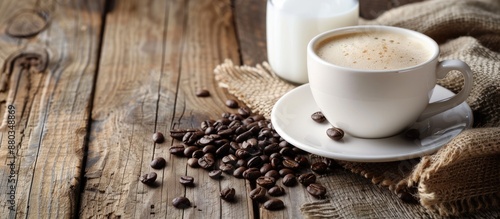 Copy space image with coffee beans cup and milk on a wooden table