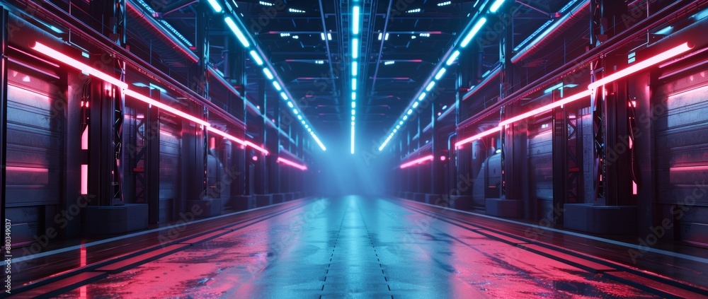 Fototapeta premium Inside the industrial warehouse of the future Neon lights illuminate an advanced storage solution.