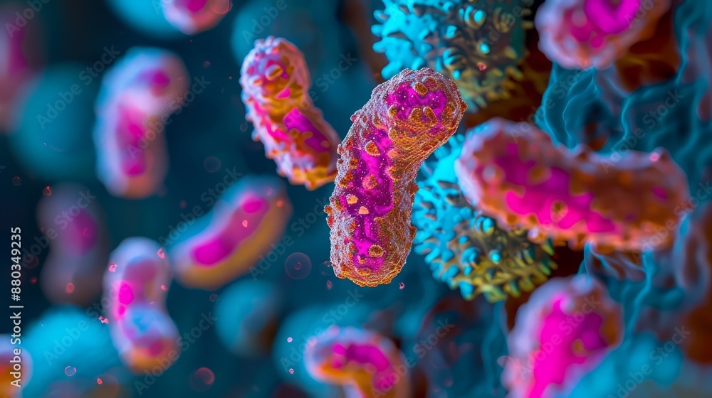 High-resolution 3D illustration of bacteria under a microscope, showcasing detailed cellular structures and vibrant colors. High-resolution 3D illustration of bacteria under a microscope, showcasing detailed cellular structures and vibrant colors.