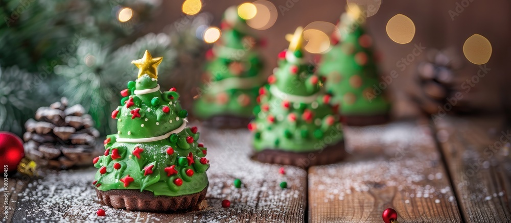 Selective focus enhances Christmas tree cakes on a wooden Christmas background creating a festive copy space image Selective focus enhances Christmas tree cakes on a wooden Christmas background creating a festive copy space image