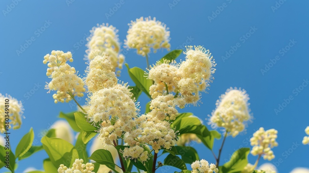 Flowering Physocarpus opulifolius Diabolo shrub against blue sky in spring Flowering Physocarpus opulifolius Diabolo shrub against blue sky in spring