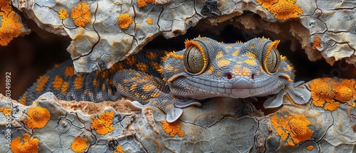 High-resolution image of a leaf-tailed gecko perfectly camouflaged on a tree trunk. photo