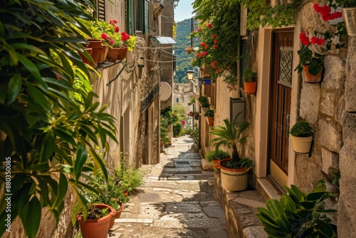 Fototapeta Naklejka Na Ścianę i Meble -  A charming narrow street in the historic old town of Kotor, featuring traditional architecture and cobblestone pavement, A maze of narrow streets in a Mediterranean town, AI generated