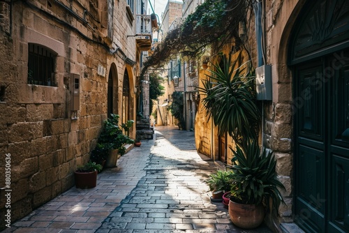 Fototapeta Naklejka Na Ścianę i Meble -  A charming narrow street in the historic old town of Kotor, featuring traditional architecture and cobblestone pavement, A maze of narrow streets in a Mediterranean town, AI generated
