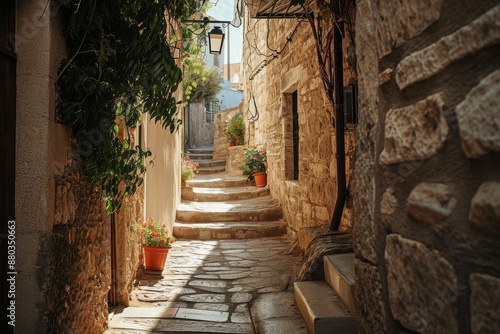 Fototapeta Naklejka Na Ścianę i Meble -  A charming narrow street in the historic old town of Kotor, featuring traditional architecture and cobblestone pavement, A maze of narrow streets in a Mediterranean town, AI generated