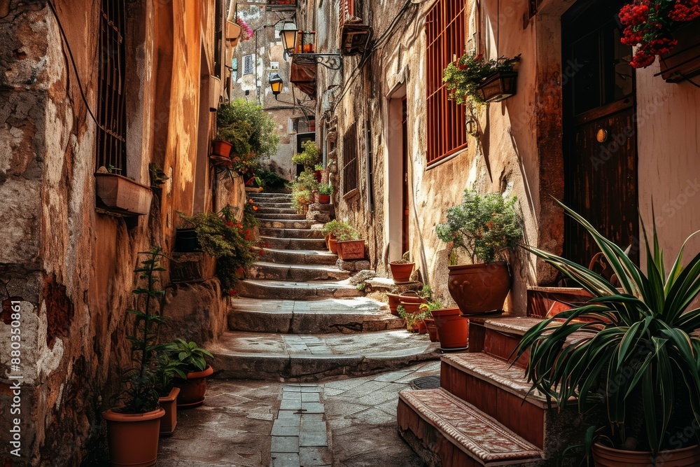 Fototapeta premium A charming narrow street in the historic old town of Kotor, featuring traditional architecture and cobblestone pavement, A maze of narrow streets in a Mediterranean town, AI generated
