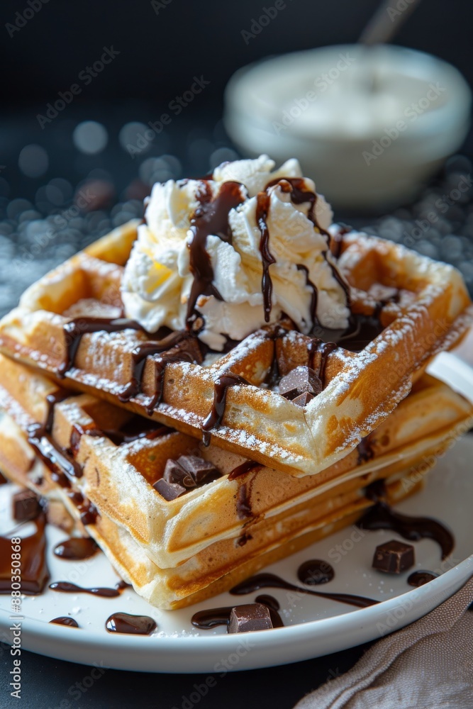 A white plate holding waffles topped with rich chocolate sauce, creating a decadent dessert A white plate holding waffles topped with rich chocolate sauce, creating a decadent dessert