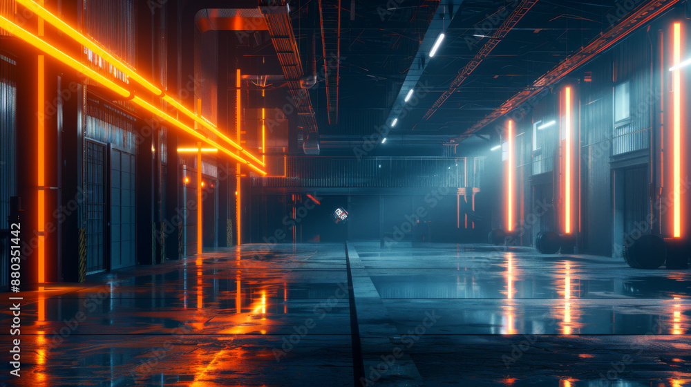 Neon lights glow in the dark warehouse, illuminating the metal and cement walls. The futuristic, cyber-retro setting resembles a hangar, with its high ceilings and industrial architecture. Neon lights glow in the dark warehouse, illuminating the metal and cement walls. The futuristic, cyber-retro setting resembles a hangar, with its high ceilings and industrial architecture.