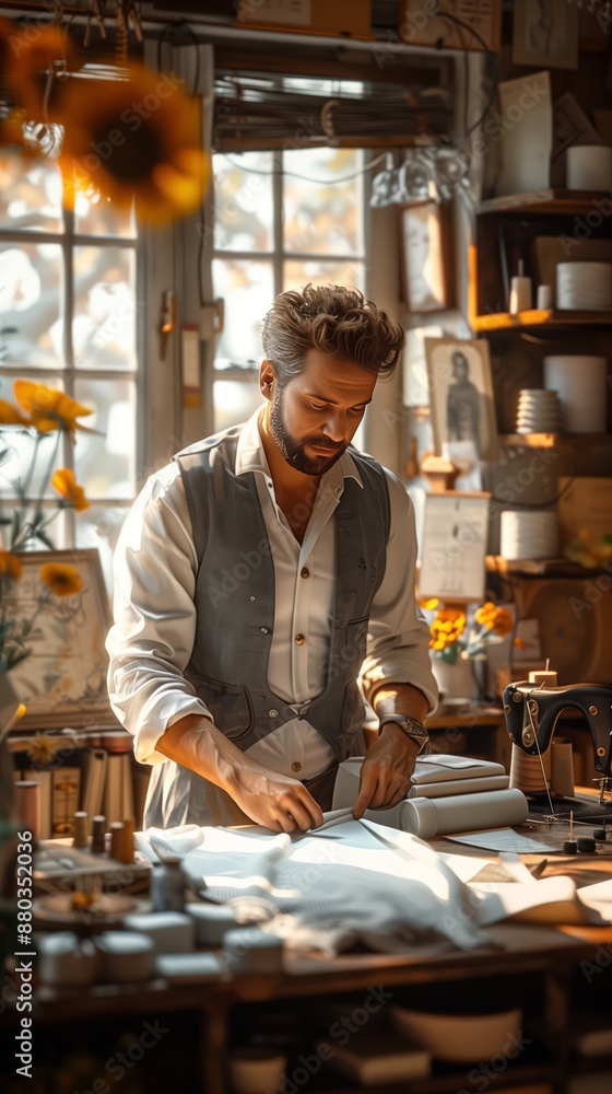 A tailor measuring fabric in a bright studio A tailor measuring fabric in a bright studio