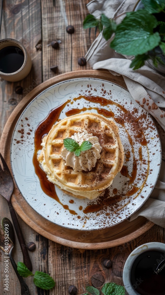 A plate with crispy waffles topped with creamy vanilla ice cream and drizzled with rich chocolate sauce A plate with crispy waffles topped with creamy vanilla ice cream and drizzled with rich chocolate sauce