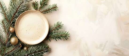Round festive plate on fir tree background for Christmas dish concept with copy space image available for your design