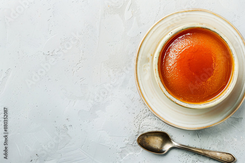 a bowl of orange liquid with a spoon on a table photo