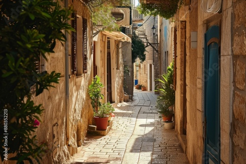 Fototapeta Naklejka Na Ścianę i Meble -  A narrow street in the old town of Kotor, lined with ancient stone buildings and colorful shutters, A maze of narrow streets in a Mediterranean town, AI generated
