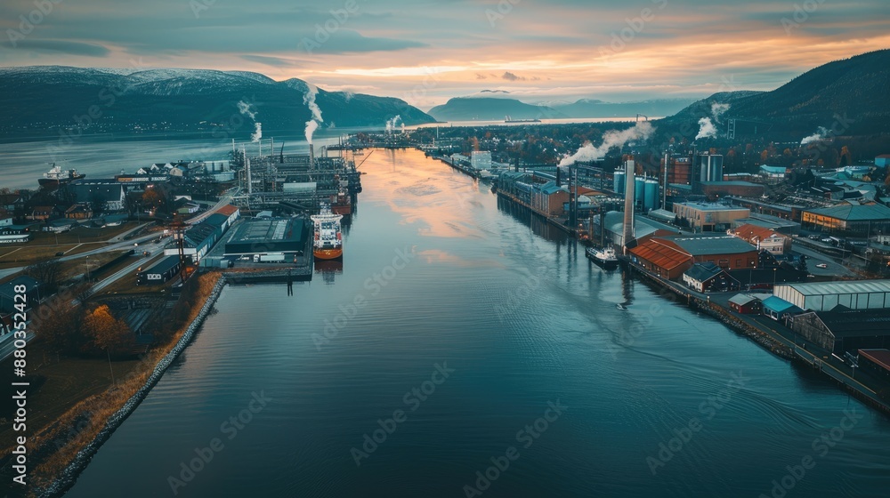 Naklejka premium Aerial view of an industrial port at sunrise with mountains in the background, river flowing through the center, and smoke from factories.