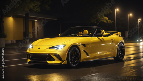 The image shows a bright yellow convertible sports car driving down a wet city street at night.