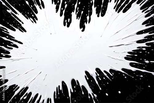 Thick white paint splash on flat black surface background. Liquid splatter texture pattern. Water spill banner label with copy space for text, graphics. Vector illustration.