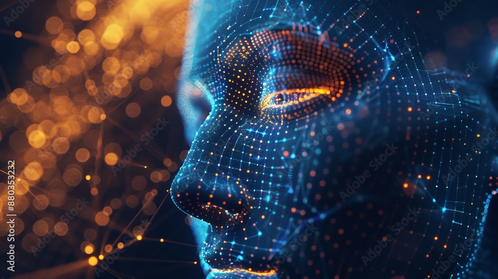 Digital human face with abstract ai elements, big data visualization ...