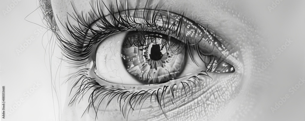 Obraz premium A realistic drawing of a person's eye, reflecting the world around them.