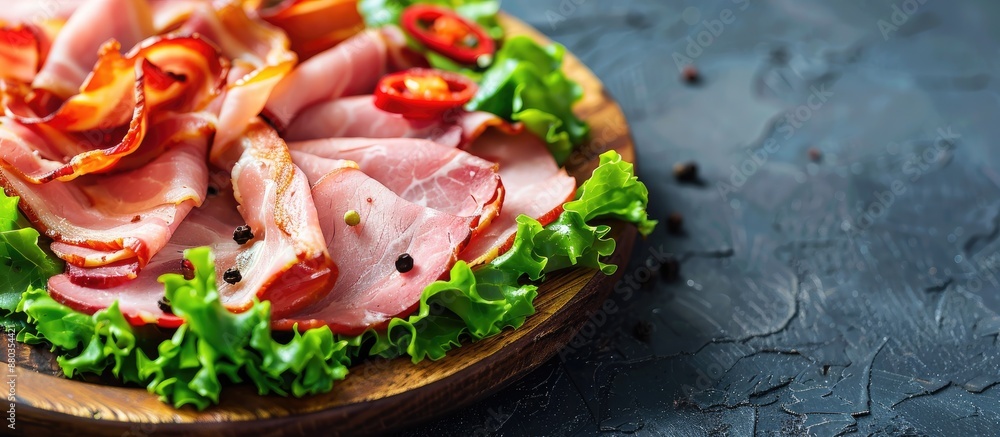 Wooden plate holding sliced ham and bacon garnished with lettuce and pepper perfect for a wedding reception with copy space image Wooden plate holding sliced ham and bacon garnished with lettuce and pepper perfect for a wedding reception with copy space image