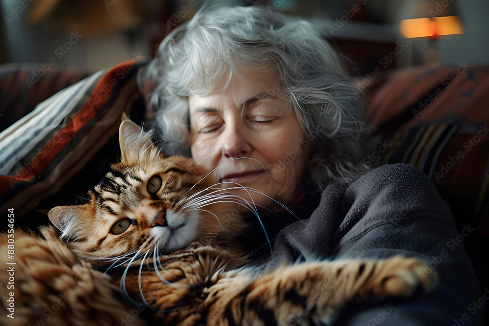 A middle age woman with her cat at home, people and their pets concept A middle age woman with her cat at home, people and their pets concept