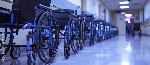 Row of wheelchairs arranged for patient services in a hospital with copy space image