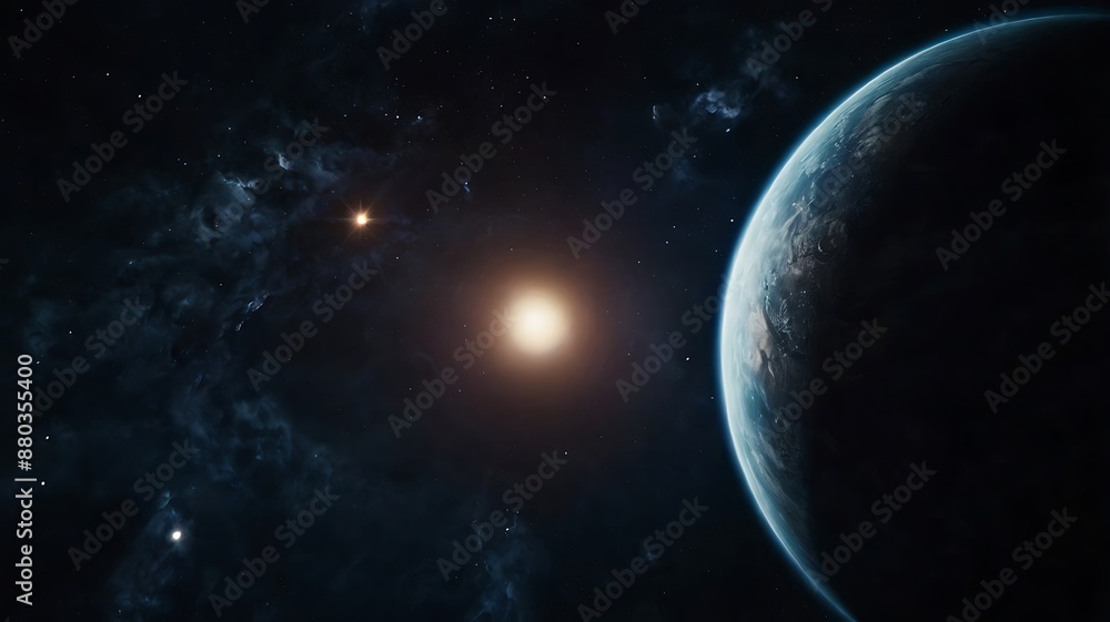 Naklejka premium Dark abstract background illustration of endless space with a planet in middle of nowhere, endless darkness of infinite space, astronomical illustration designed with AI
