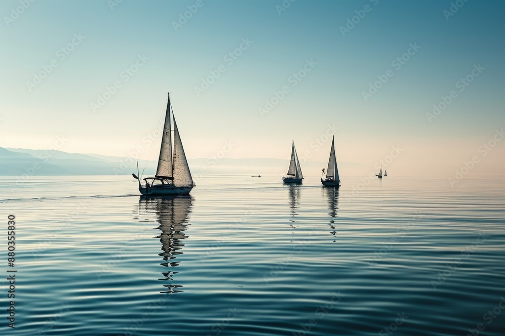 Fototapeta premium Sailboats cruising on the ocean, A group of sailboats drifting on a calm sea, AI generated