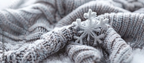 Cozy gray knitted sweaters with a snowflake on a white backdrop set up for winter in a horizontal close up copy space image