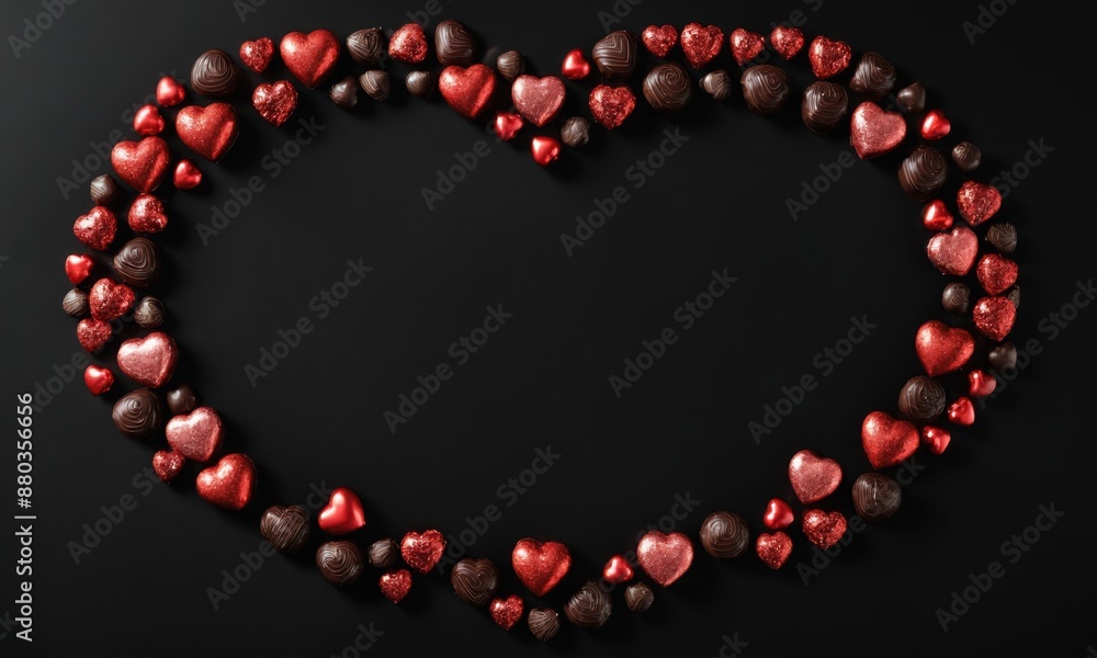 Obraz premium Red and brown heart shaped chocolates arranged in a heart shape on black background