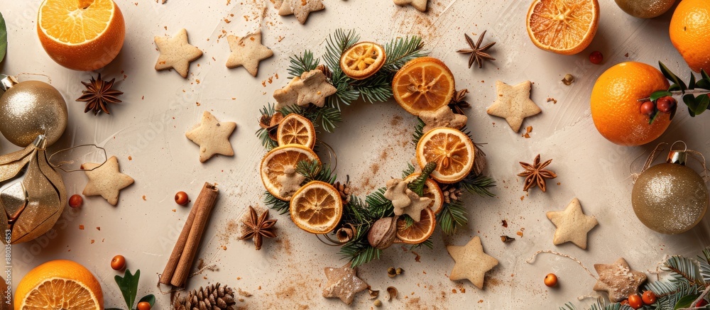 Christmas and New Year holiday concept with a festive wreath made of cookies spices and tangerines presented in a top view flat lay background with space for text or other elements. Copy space image Christmas and New Year holiday concept with a festive wreath made of cookies spices and tangerines presented in a top view flat lay background with space for text or other elements. Copy space image