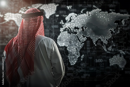 Saudi Gulf Arab man wearing a traditional white thobe and red shemagh standing in front of a background of hologram world maps hologram image. photo