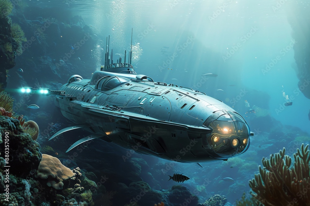 Underwater view of a submarine next to beautiful coral formations, A futuristic submarine exploring deep-sea life, AI generated Underwater view of a submarine next to beautiful coral formations, A futuristic submarine exploring deep-sea life, AI generated