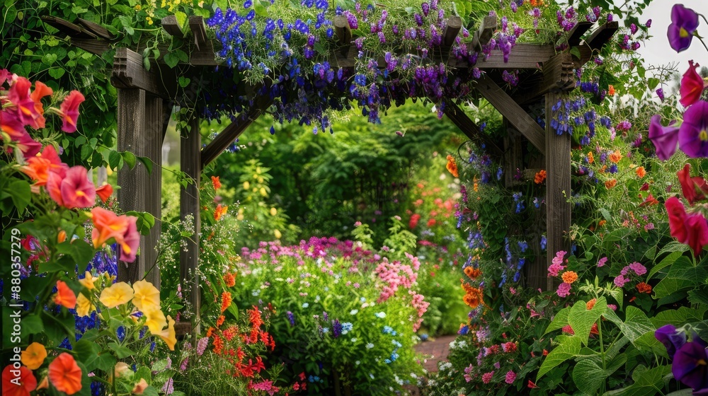 Naklejka premium A vibrant garden with a mix of flowering climbers like sweet peas and morning glories, a wooden archway covered in blooms.