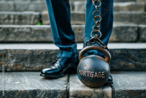 Man constrained by mortgage: Kettlebell tied to businessman, debt concept photo