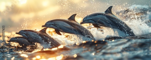 A photorealistic image of a pod of dolphins leaping gracefully out of the water, their bodies glistening in the sunlight.