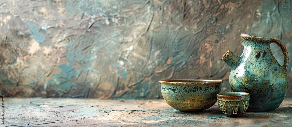 Fototapeta premium Clay pitcher bowl and two empty ceramic cups on a grunge background with copy space image