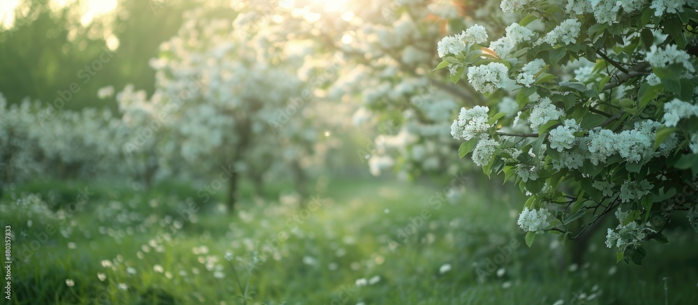 Naklejka premium White flowered trees and shrubs in a spring garden with a blurred background for a copy space image