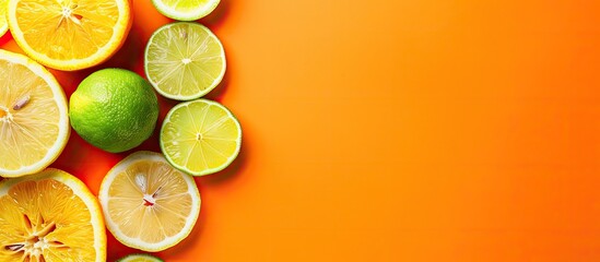 Top view of a fresh fruity and juicy fruit concept with freshly cut slices of lemons and limes on the left border of the image on an orange background with copy space image