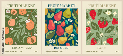 Set of abstract Fruit Market retro posters. Trendy kitchen gallery wall art with pear, peach, strawberry fruits. Modern naive groovy funky interior decorations, paintings. Vector art illustration.