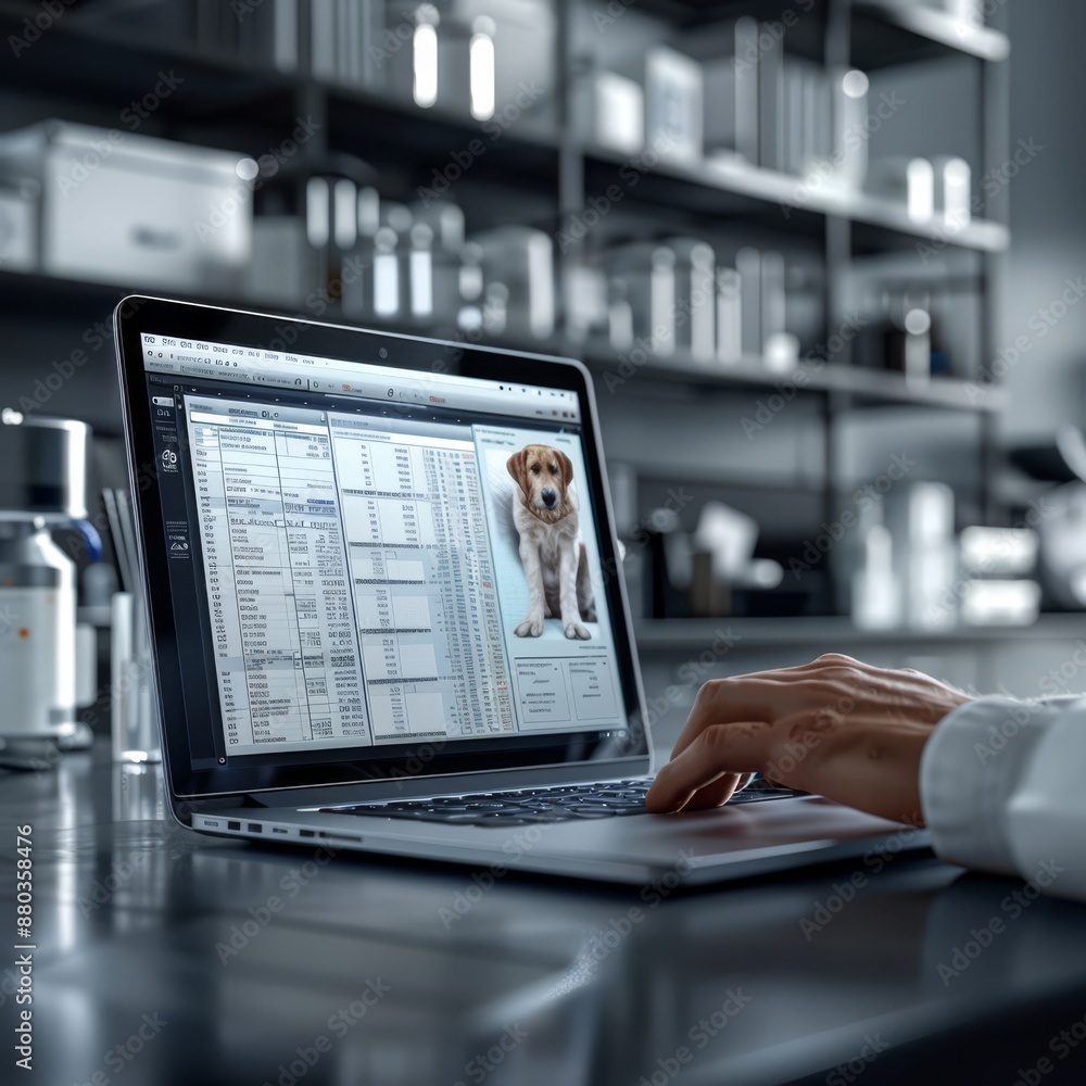 A veterinarian reviews detailed patient records on a sleek laptop in a modern clinic A veterinarian reviews detailed patient records on a sleek laptop in a modern clinic