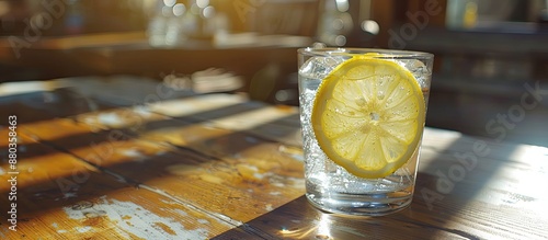 Gin and tonic with a lemon slice placed on a wooden table with a background perfect for a copy space image photo