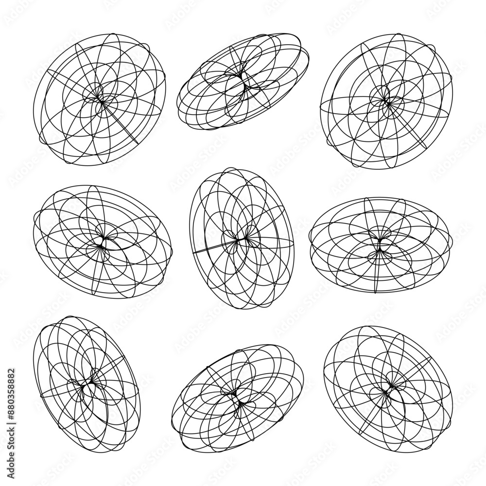 Obraz premium Wireframe lined shapes. Perspective mesh, 3d grid. Low poly geometric elements. Retro futuristic design elements, y2k, vaporwave and synthwave style. Vector illustration