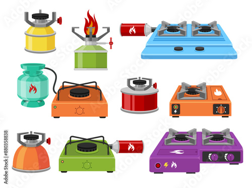 Camping stove cartoon different furnace for travel set isometric vector illustration