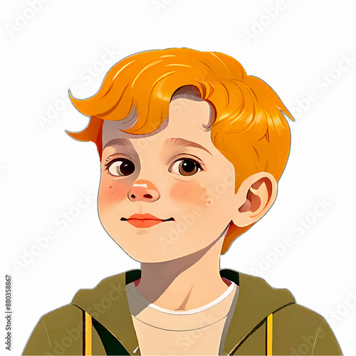 Young adorable handsome cute boy with freckle rosy cheeks and sun baked red hair in jumper suit, smiling and happy. Vector cartoon art, 2D clipart illustration, isolated on transparent background.