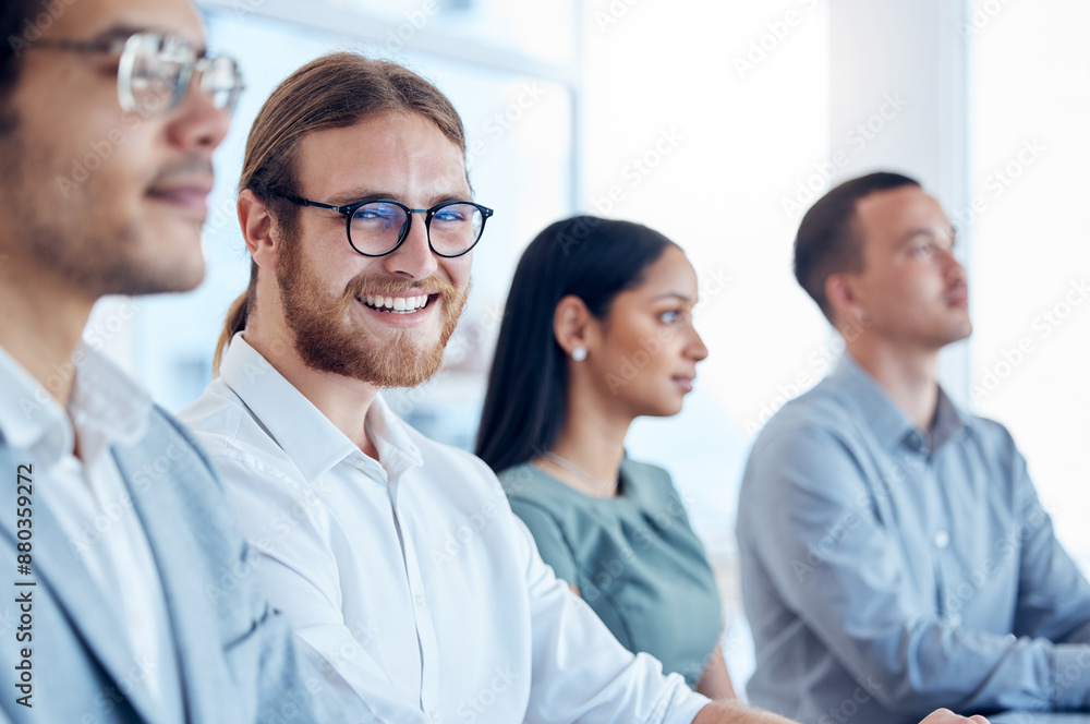 Fototapeta premium Portrait, meeting and business man with colleagues in office for discussion, planning or feedback on project. Diversity, sale agency and group of employees for communication, teamwork or conference