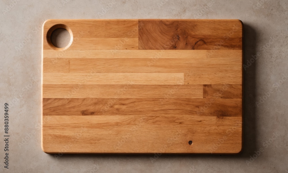 Obraz premium Wooden cutting board with handle hole on a grey surface